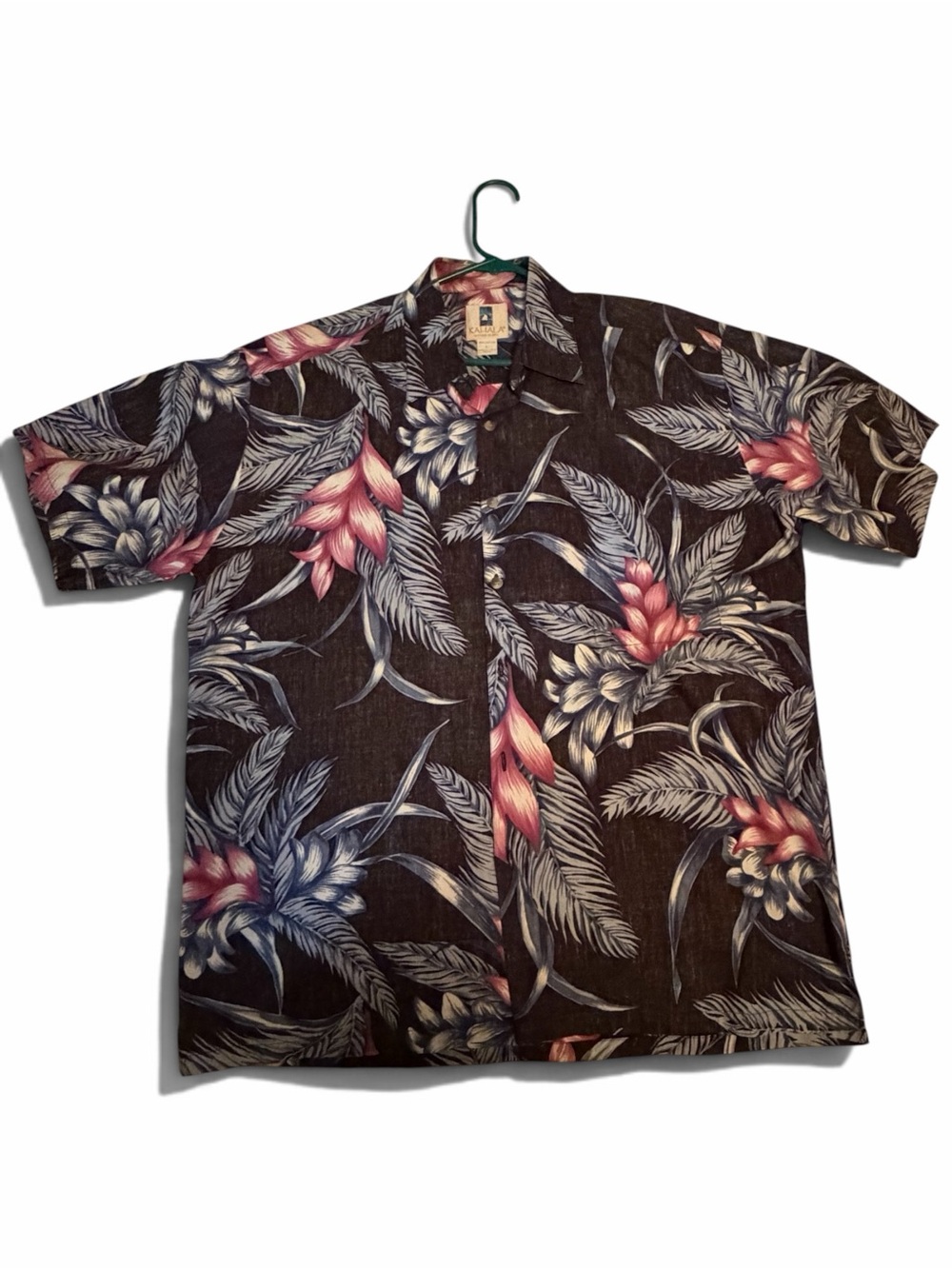 Men's Black Tropical Floral Camp Shirt with Pink Accents